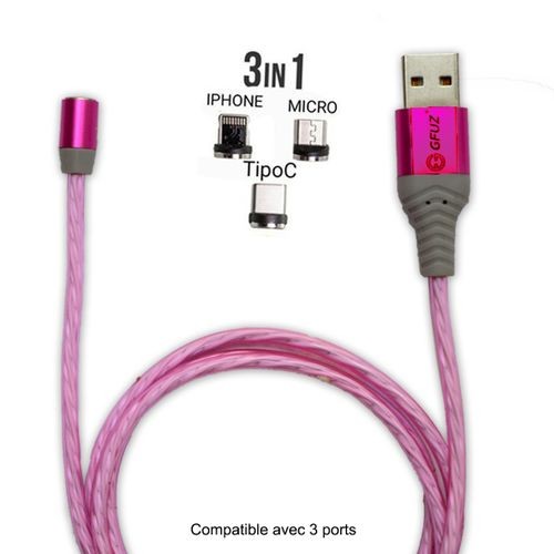 Cable Lumineux magnétique 3en1 -Rose-Type C / micro Usb / Lighting